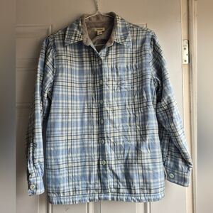 LL Bean Blue Plaid Flannel Button Up Shirt with Grey Fleece Lining